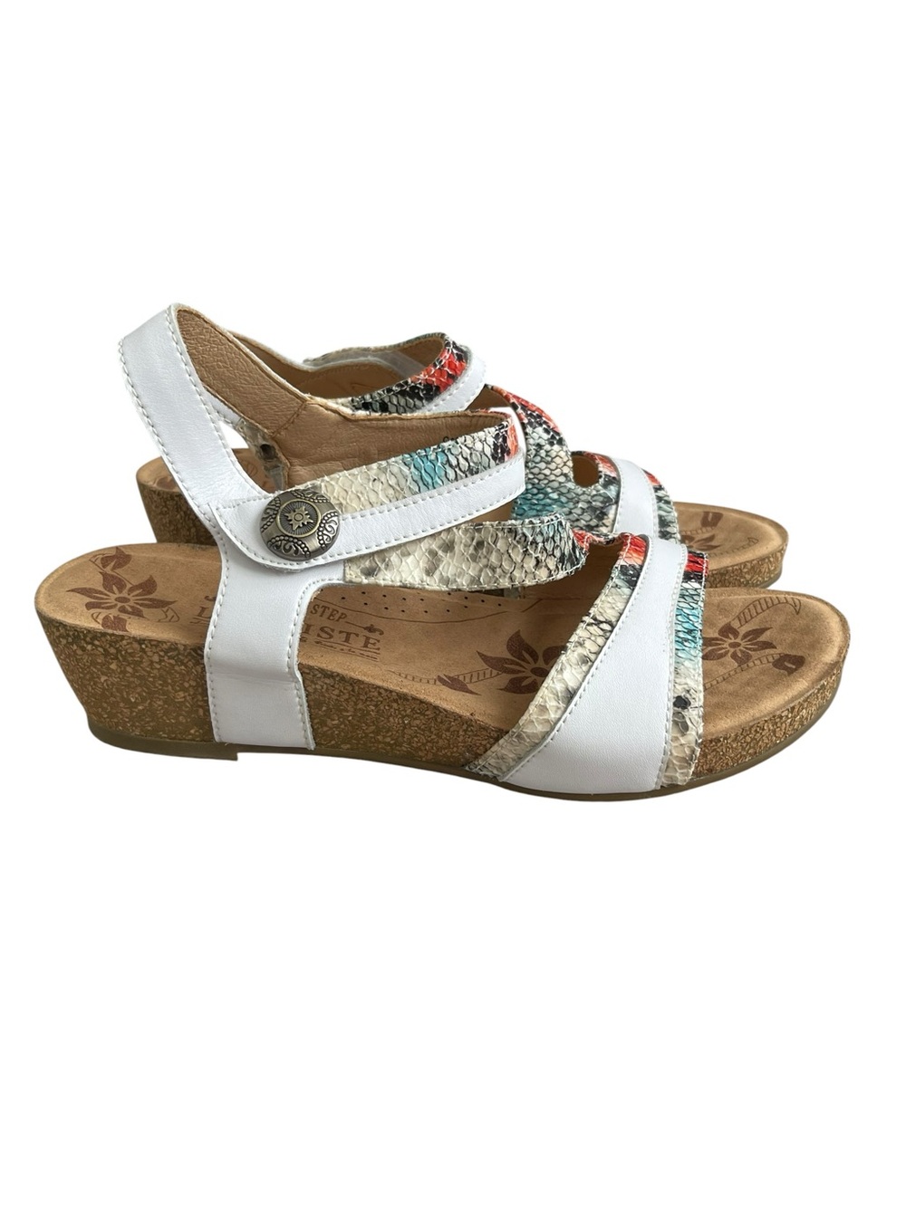 Spring Step L’ Artiste Meera Leather Sandals Size 39 Snake Print White Wedge